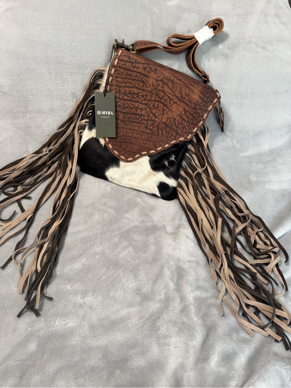 Myra Bag Brown Leather & Black-and-White Cowhide Fringe Crossbody Satchel